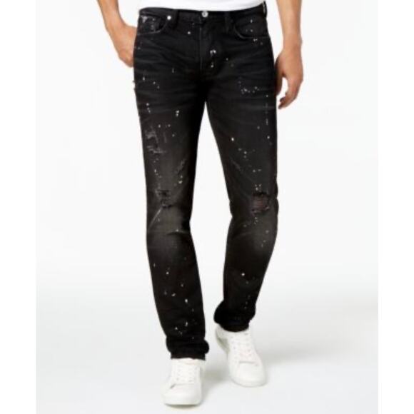 NWT GUESS mens slim tapered pants splatter stretch jeans black denim distressed - Picture 1 of 10
